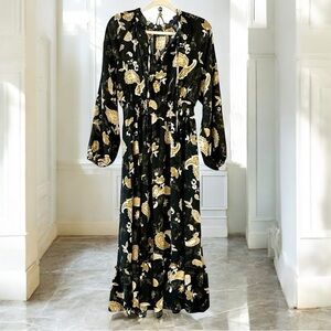 Floral Black and Tan Maxi Dress, Womens M, Sheer, Feminine, Flowly